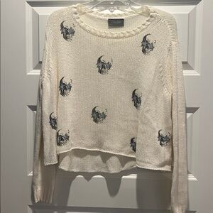 Wooden Ships white cotton blend knit sweater with skull star eyes print S/M